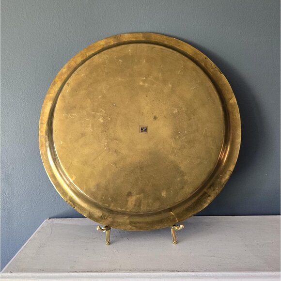 Solid Brass Etched Tray with Floral Engravings Large Shallow Decorative Platter - Picture 3 of 10